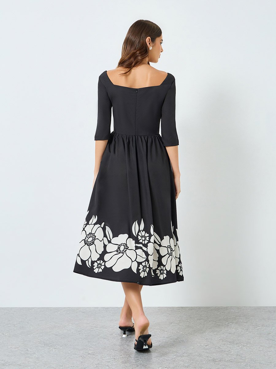 Women Black Floral Print A-Line Midi Dress