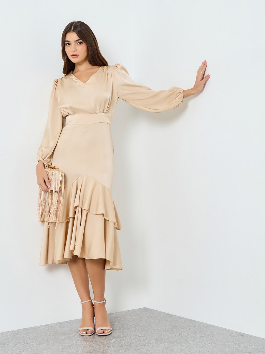 Women Beige Satin Ruffled Hem Midi Dress