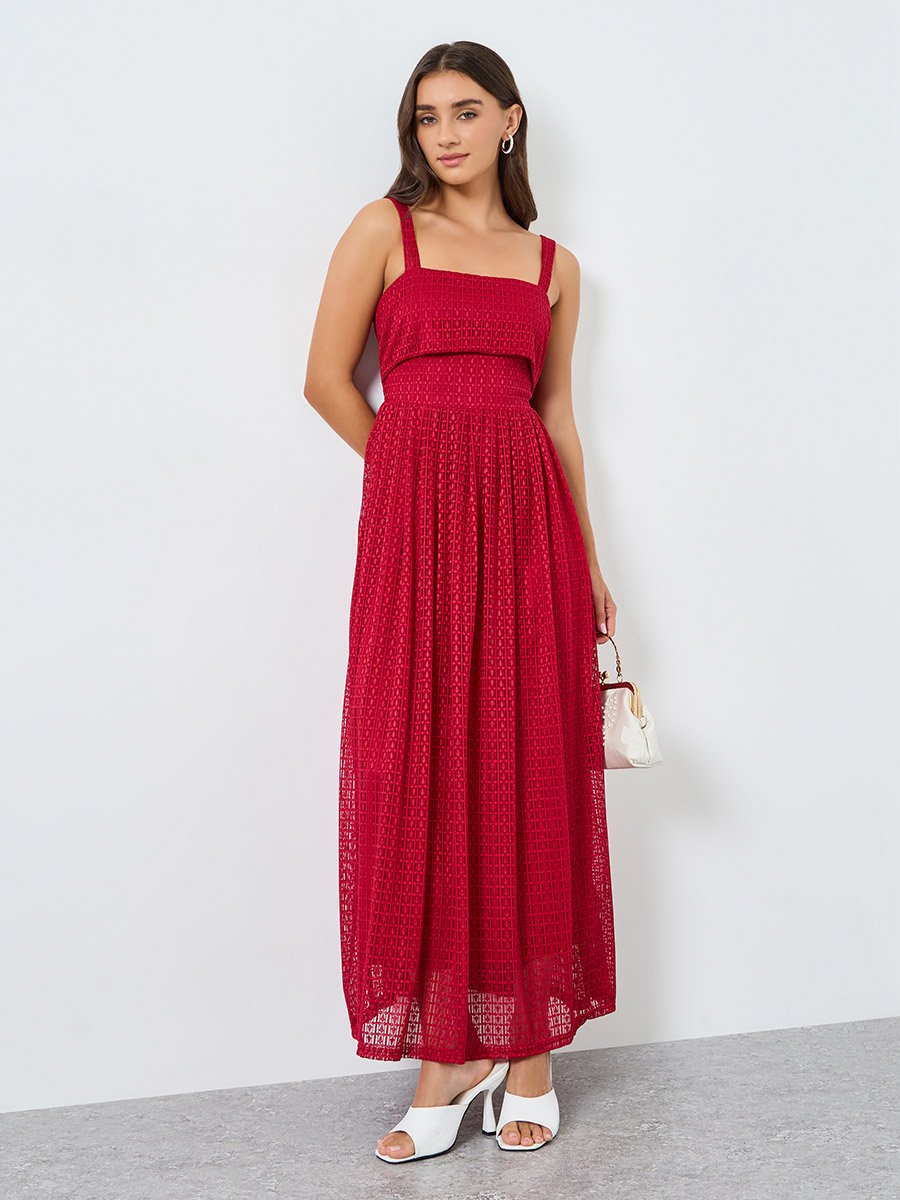knee length dresses for ladies Naylet strappy crystallized rubi red french lace main image 0