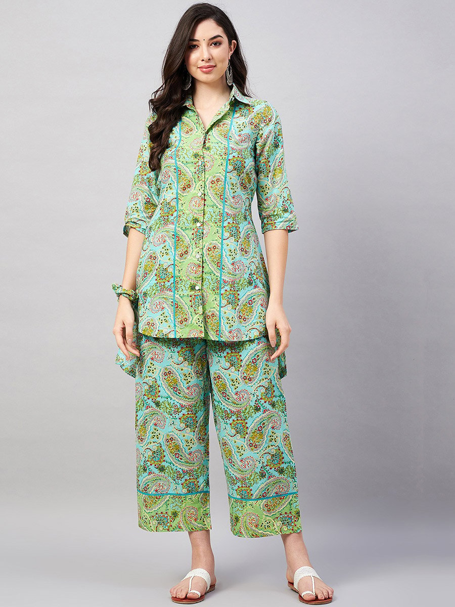 Women Paisley Print Hi-Low Shirt and Pants Co-ords