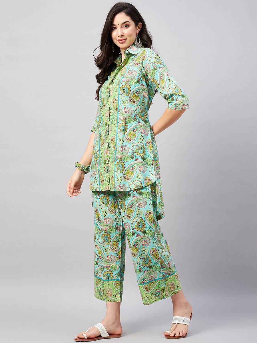 Women Paisley Print Hi-Low Shirt and Pants Co-ords