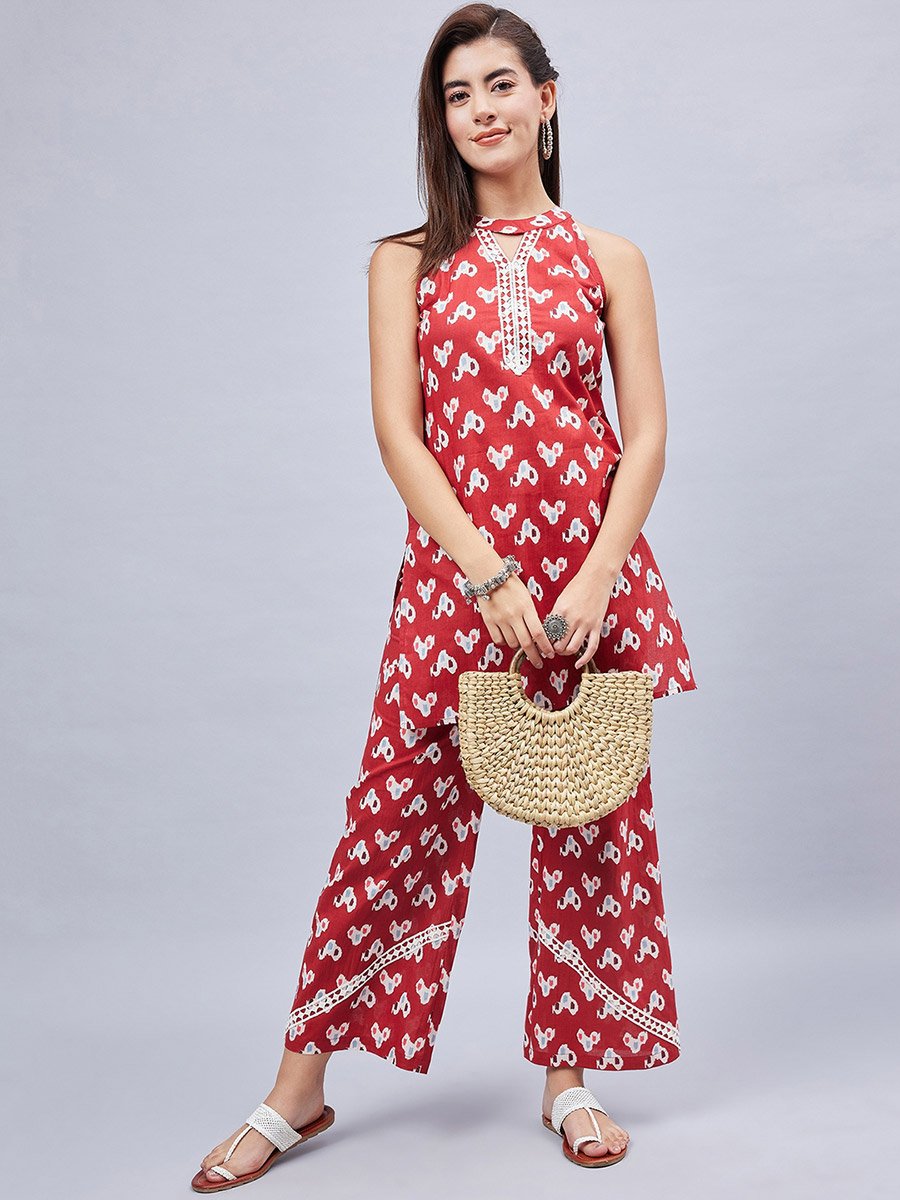 Women Longline Printed Top and Pants Co-ords