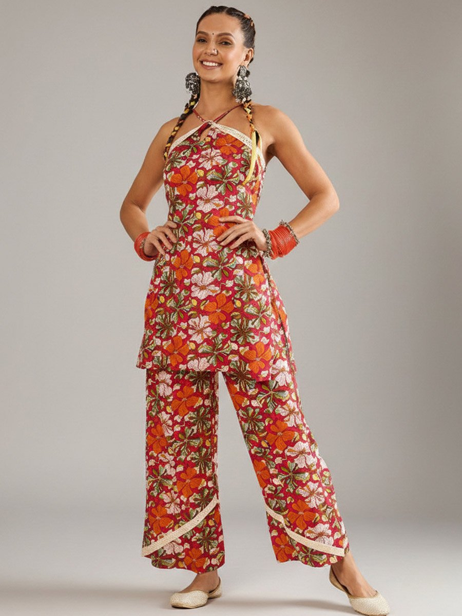 Rust Floral Halter Neck Top and Pants Co-Ords