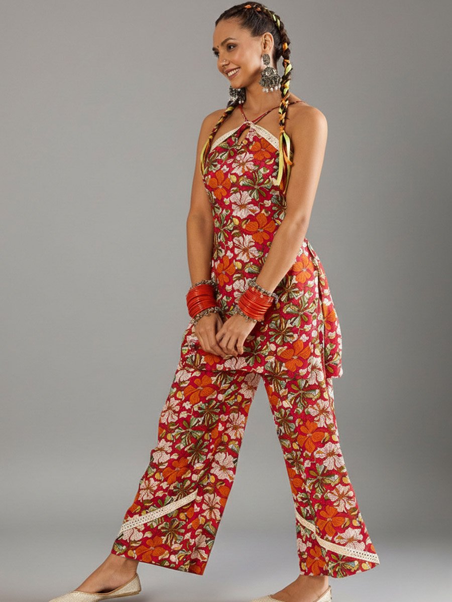 Rust Floral Halter Neck Top and Pants Co-Ords