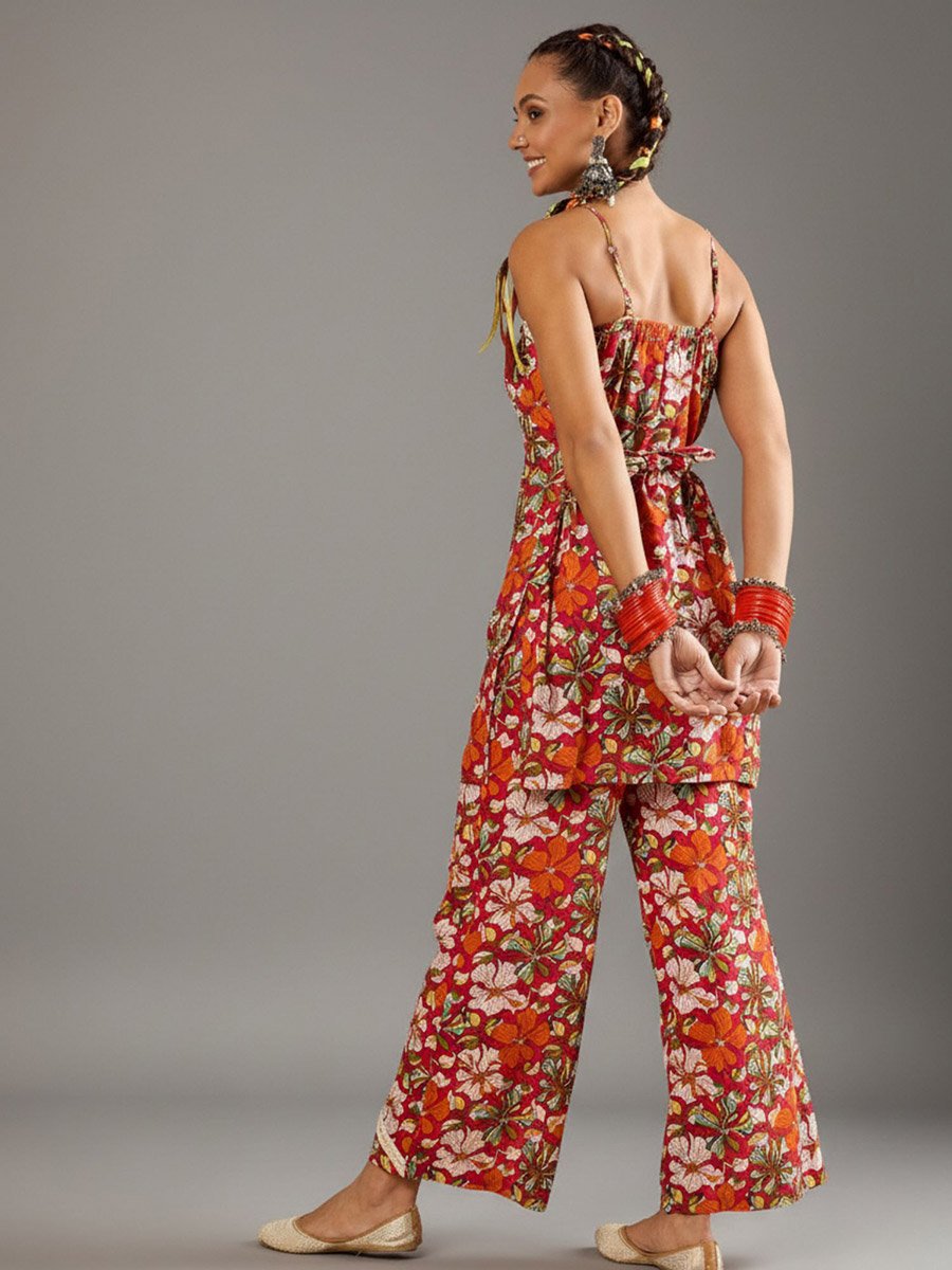 Rust Floral Halter Neck Top and Pants Co-Ords