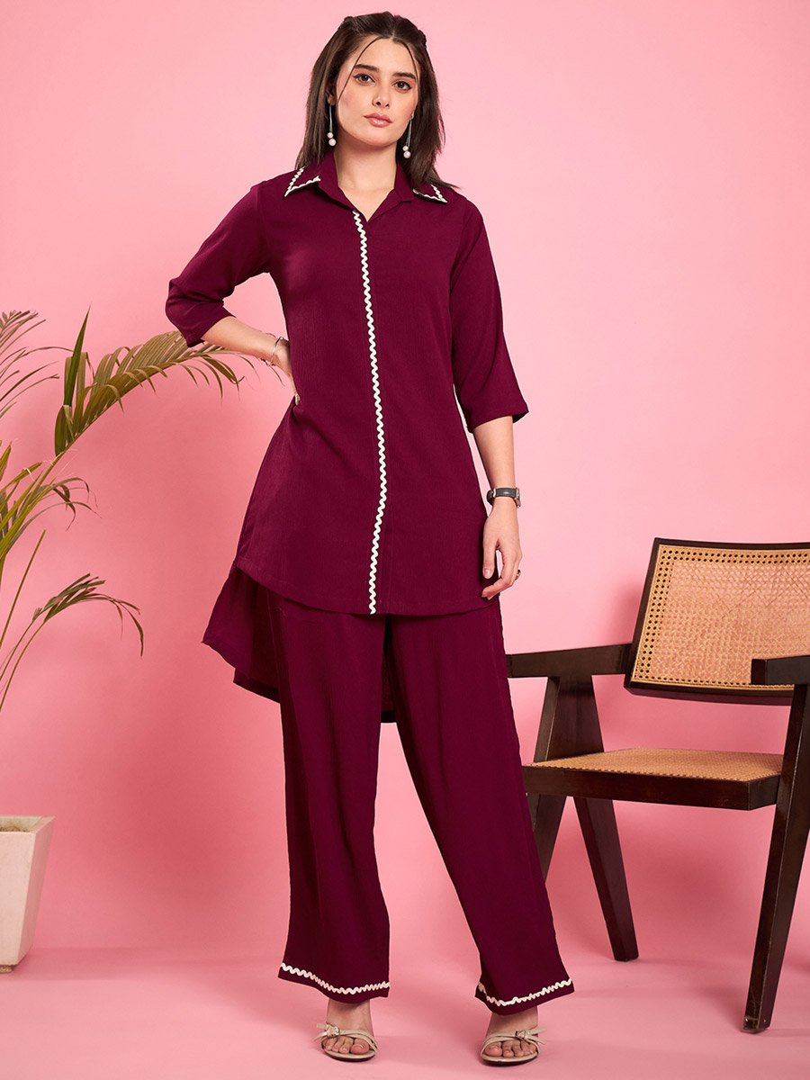 Women Purple Lace Detailing Tunic with Trousers Co-Ords