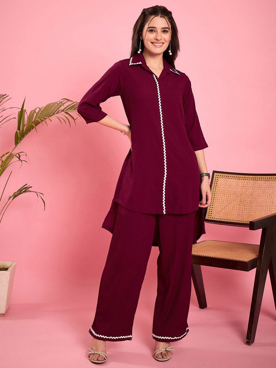 Women Purple Lace Detailing Tunic with Trousers Co-Ords