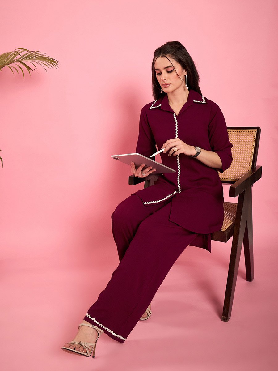 Women Purple Lace Detailing Tunic with Trousers Co-Ords