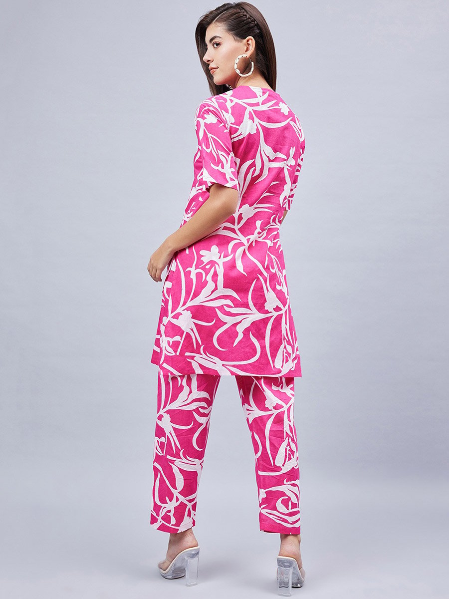 Women Pink Printed Tunic with Trousers Co-Ords