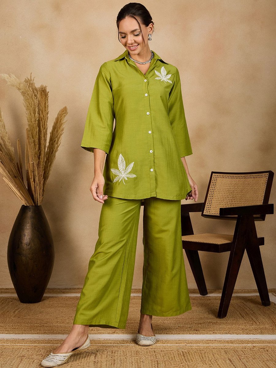 Women Green Leaf Embroidery Shirt and Trousers Co-Ords