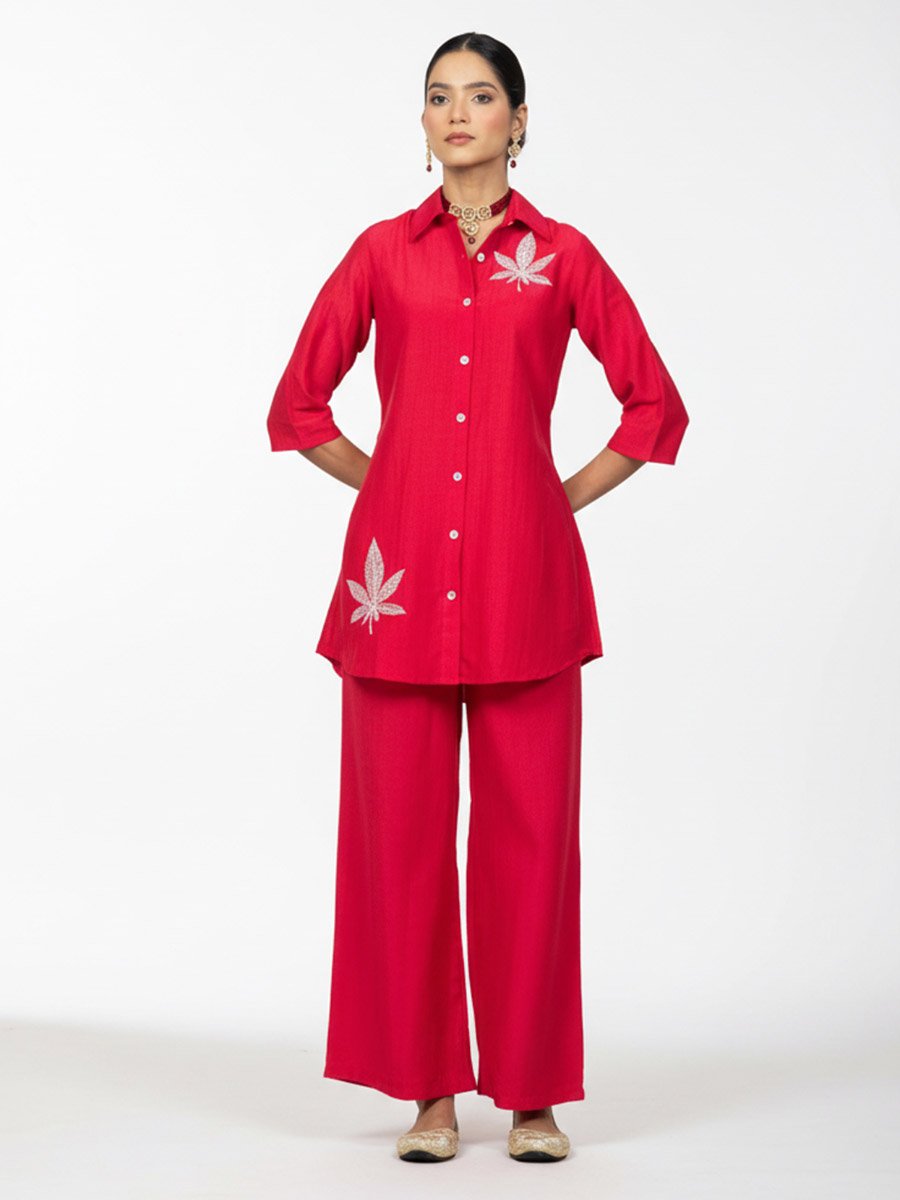 Women Embroidered Shirt and Wide Leg Trousers Co-ords