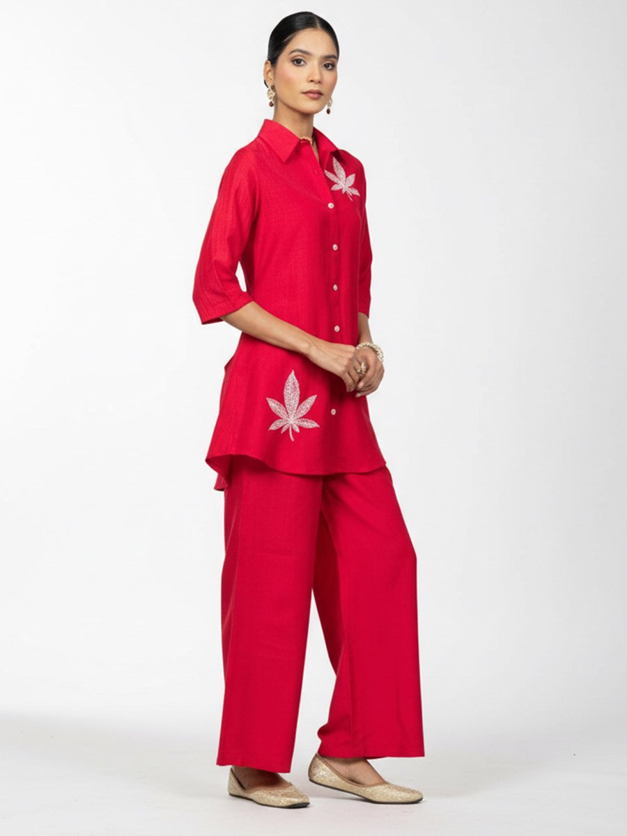 Women Embroidered Shirt and Wide Leg Trousers Co-ords