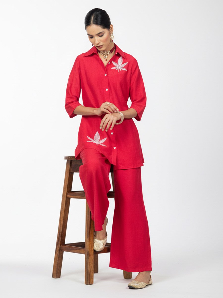 Women Embroidered Shirt and Wide Leg Trousers Co-ords
