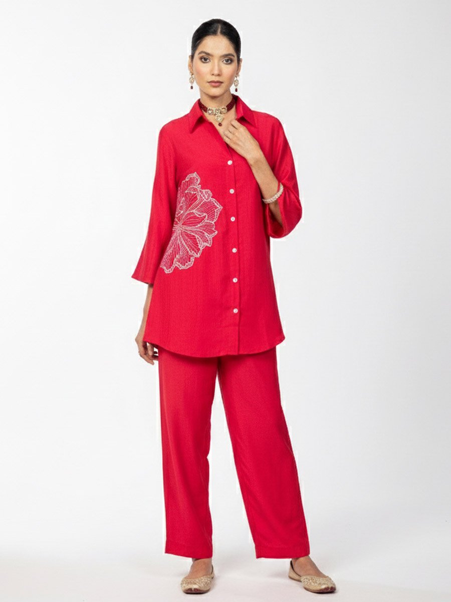 Women Flower Embroidery Shirt and Pants Co-Ords