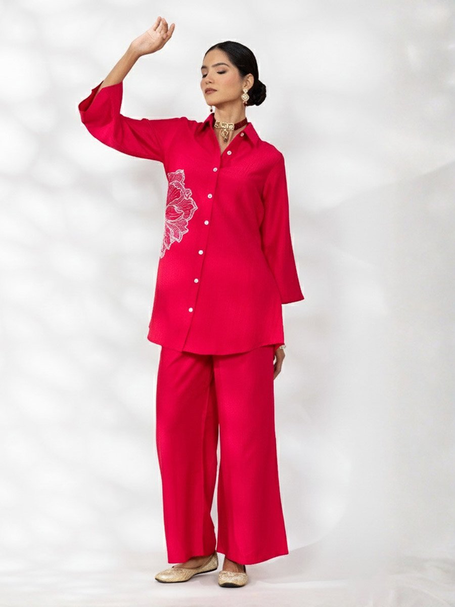 Women Flower Embroidery Shirt and Pants Co-Ords