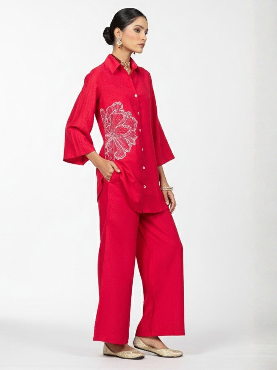 Women Flower Embroidery Shirt and Pants Co-Ords