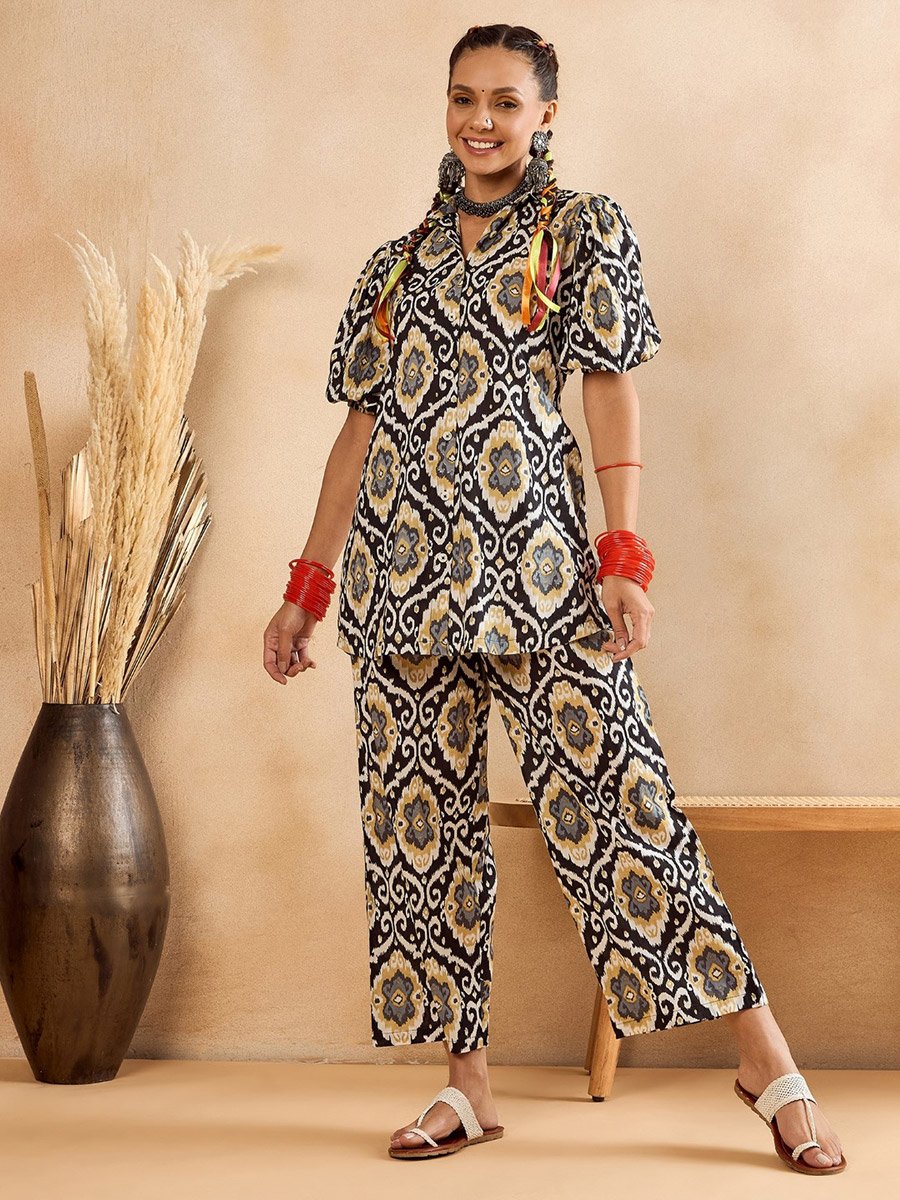 Women Black Geometric Print Tunic with Trousers Co-Ords