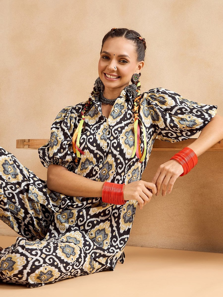 Women Black Geometric Print Tunic with Trousers Co-Ords