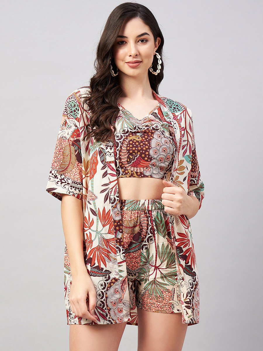 Women Beige Kimono and Top with Shorts Co-Ords