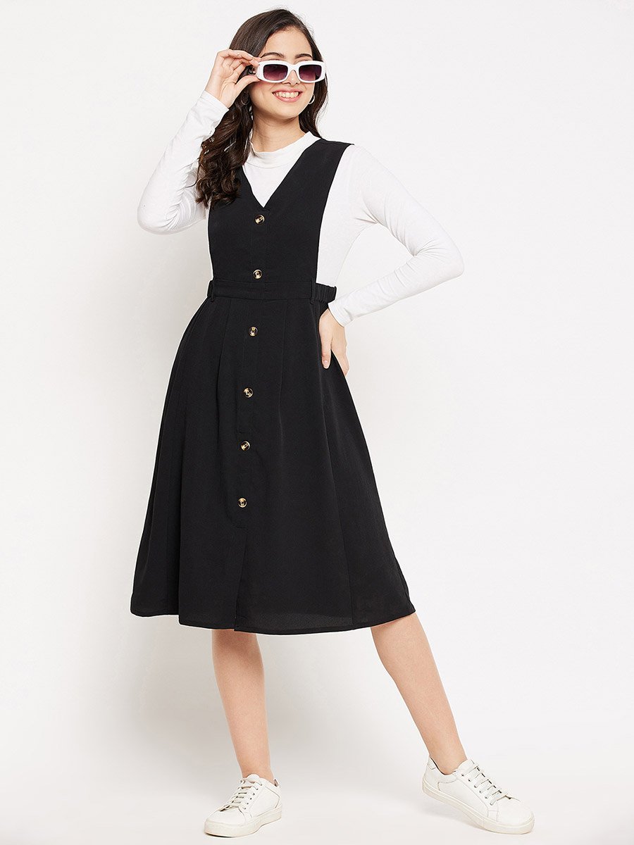 Women Black Pinafore Flared Midi Dress
