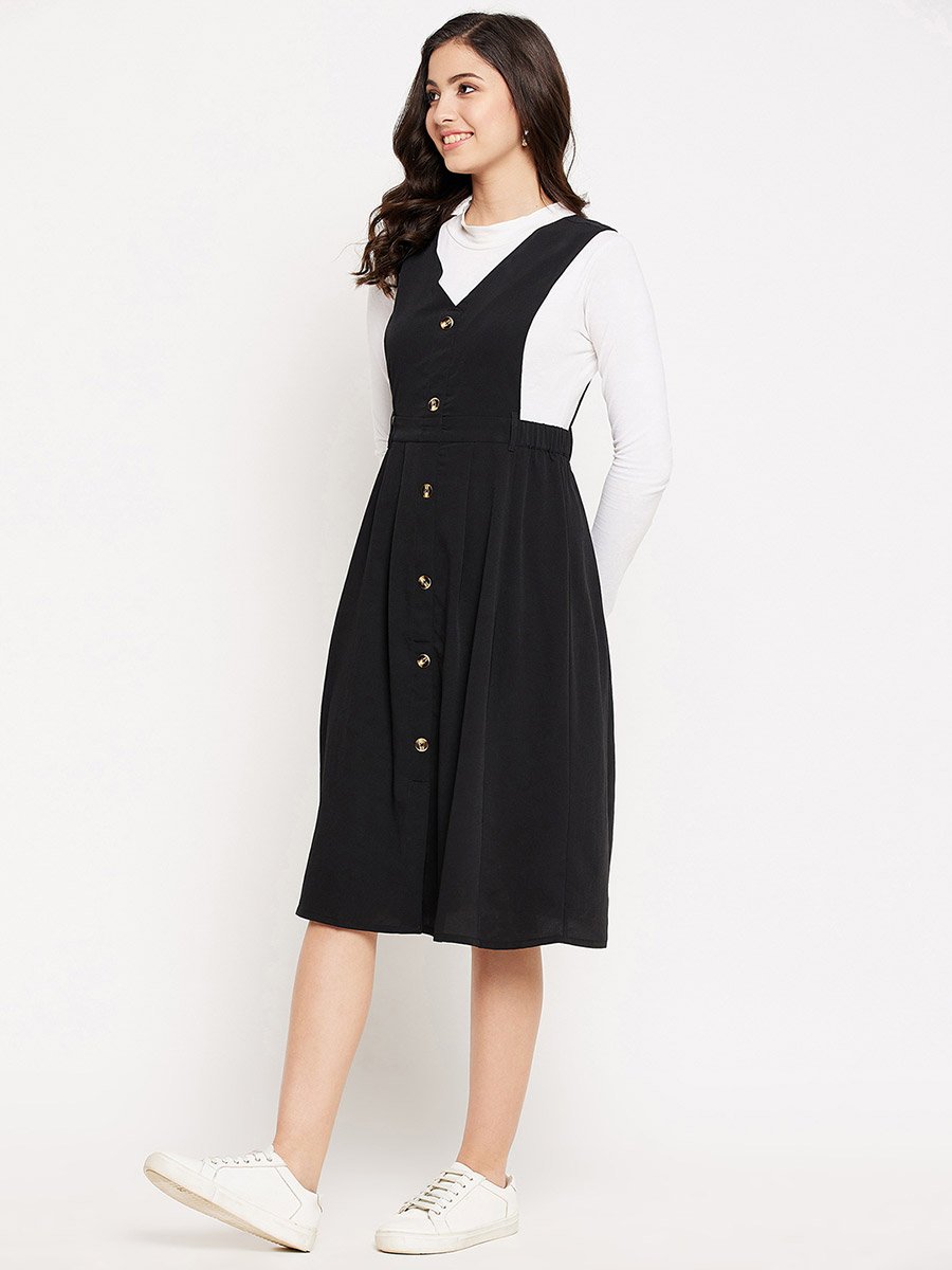 Women Black Pinafore Flared Midi Dress