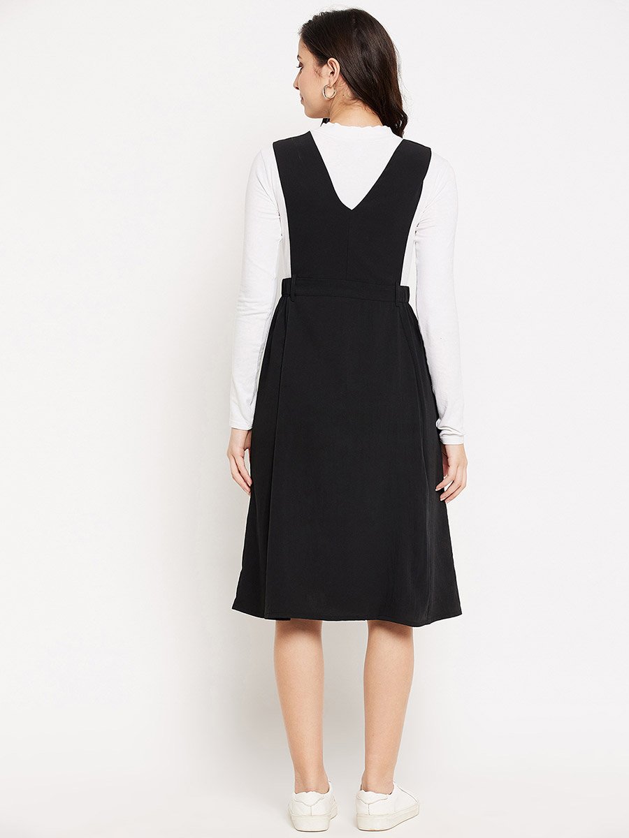 Women Black Pinafore Flared Midi Dress