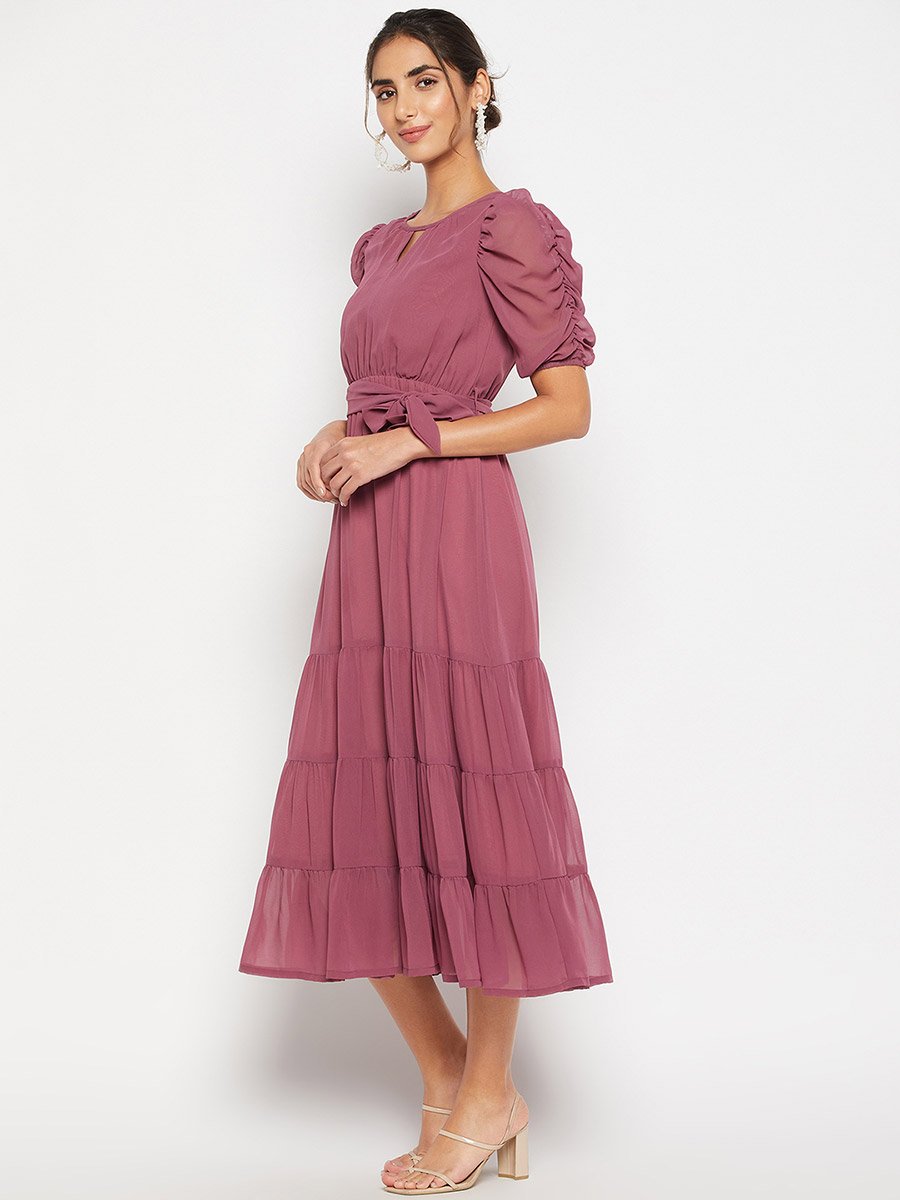 Woman Pink Ruched Tiered Midi Dress
