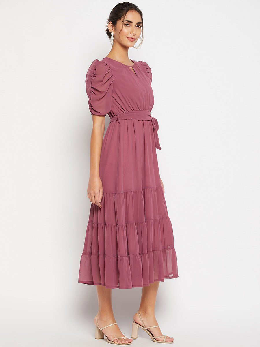 Woman Pink Ruched Tiered Midi Dress