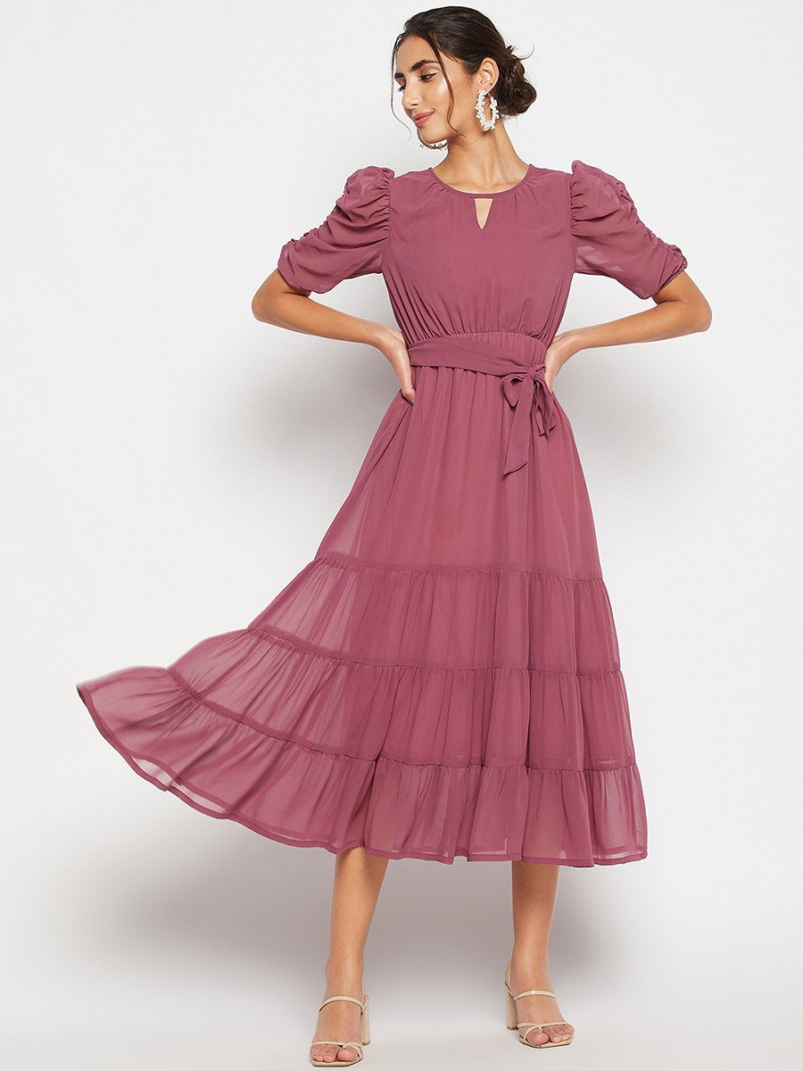 Woman Pink Ruched Tiered Midi Dress