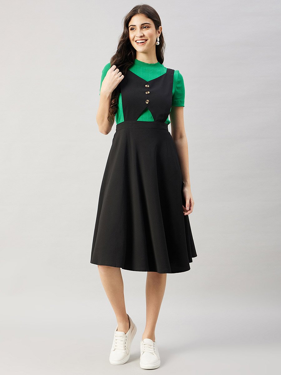 Women Black Pinafore Flared Midi Dress