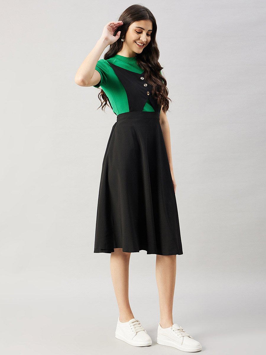 Women Black Pinafore Flared Midi Dress