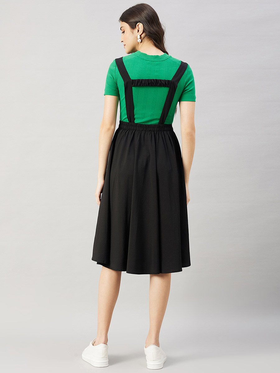 Women Black Pinafore Flared Midi Dress