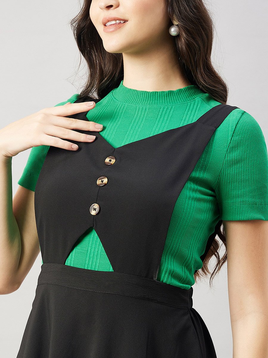 Women Black Pinafore Flared Midi Dress