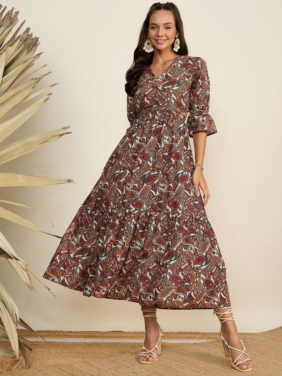 Women Brown Paisley Print Midi Dress