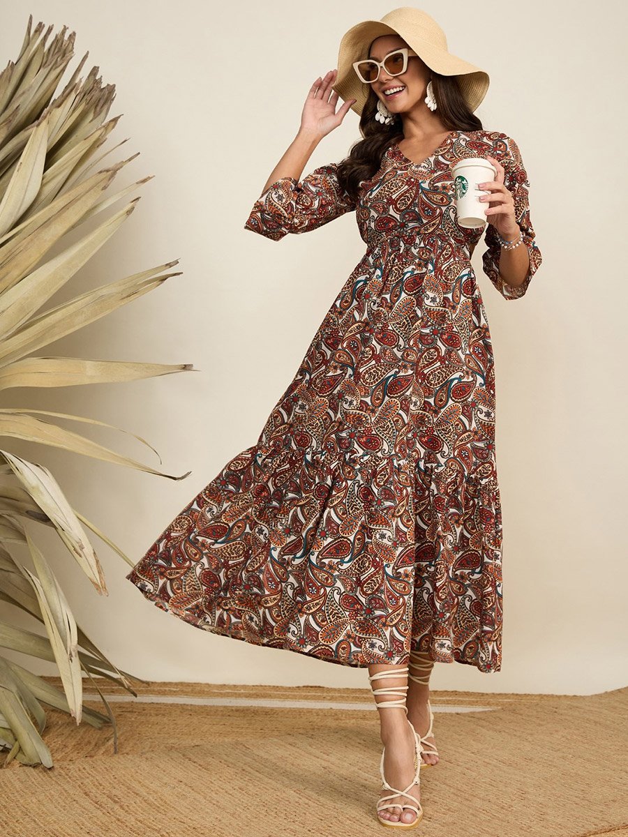 Women Brown Paisley Print Midi Dress