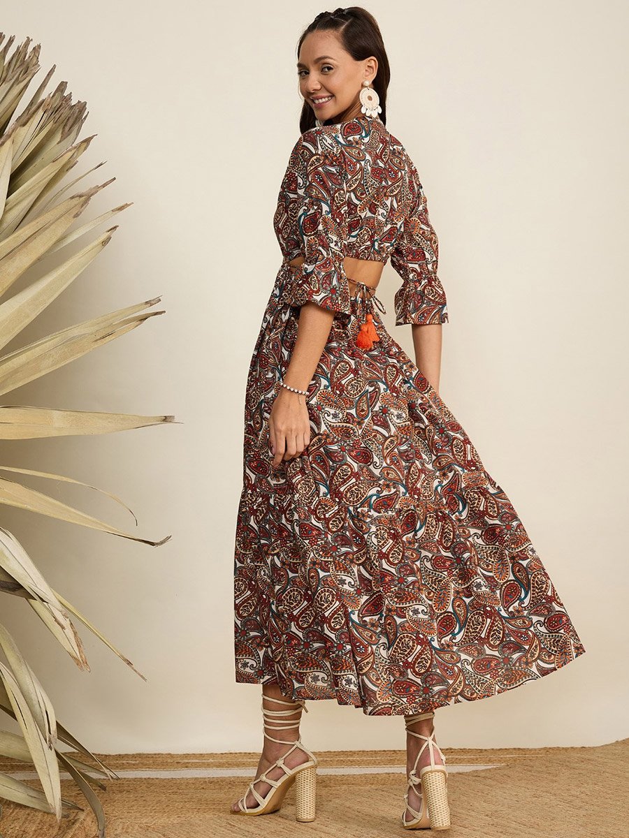 Women Brown Paisley Print Midi Dress