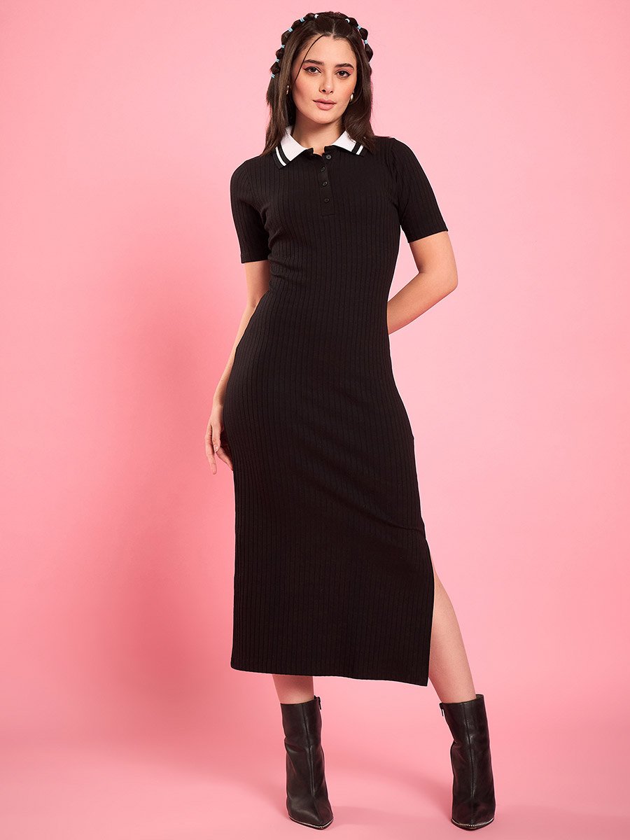 Black Ribbed Knit Collared Bodycon Midi Dress