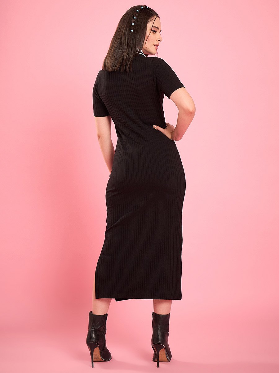 Black Ribbed Knit Collared Bodycon Midi Dress