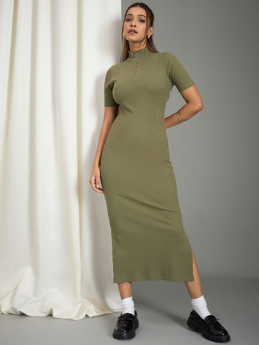 Women Olive Ribbed Midi Bodycon Dress For Women at UAE | Styli Women Olive Ribbed Midi Bodycon Dress For Women at UAE | Styli
