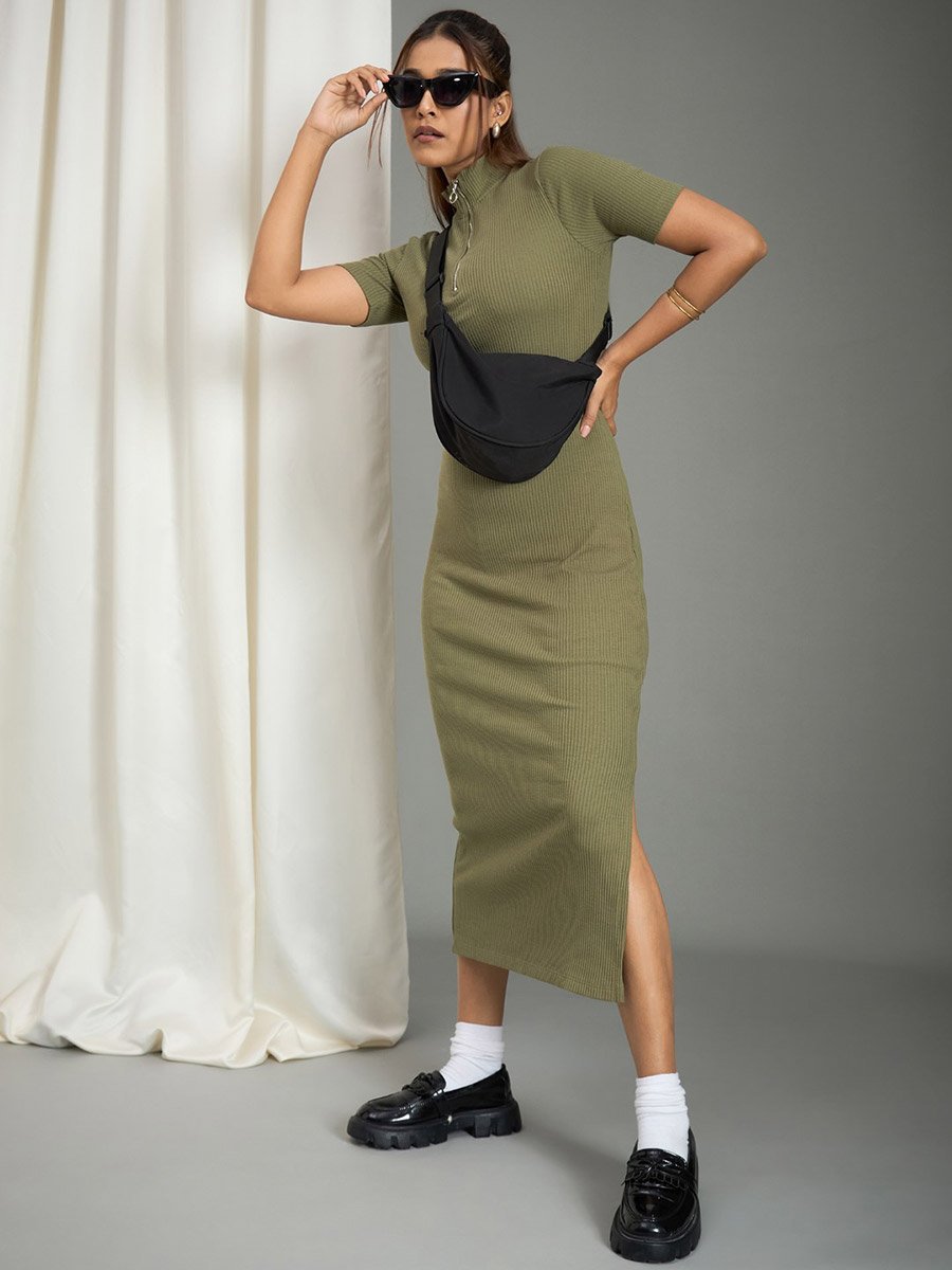 Women Olive Ribbed Midi Bodycon Dress For Women at UAE | Styli Women Olive Ribbed Midi Bodycon Dress For Women at UAE | Styli