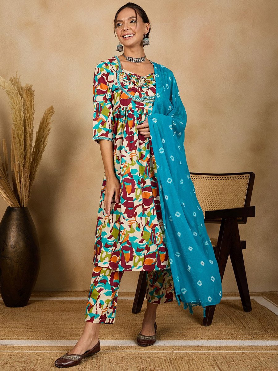 Woman Abstract Print Ruched Kurta with Dupatta Set