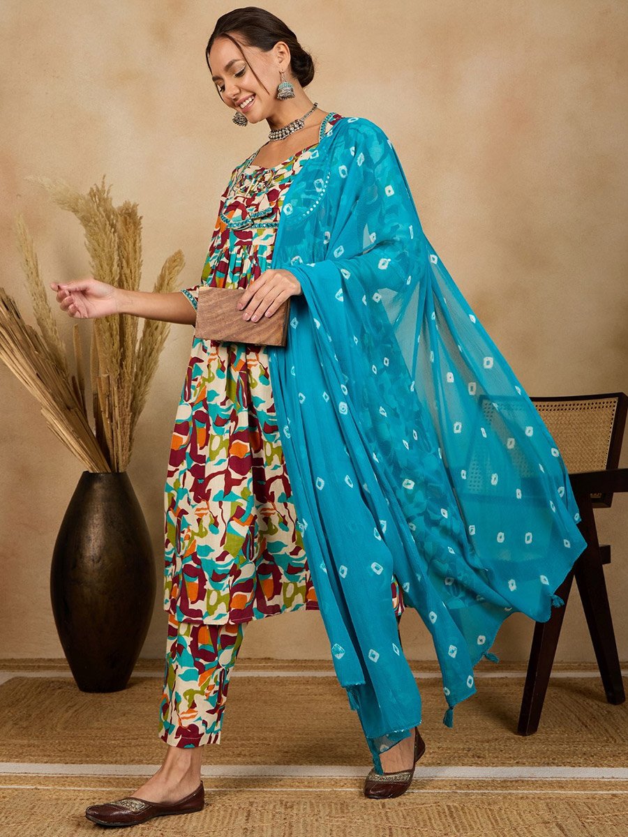Woman Abstract Print Ruched Kurta with Dupatta Set