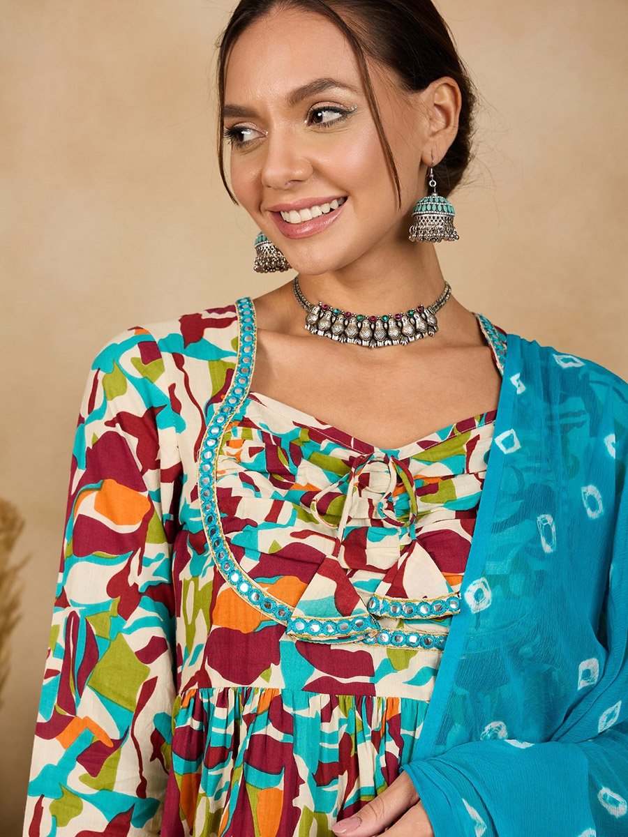 Woman Abstract Print Ruched Kurta with Dupatta Set