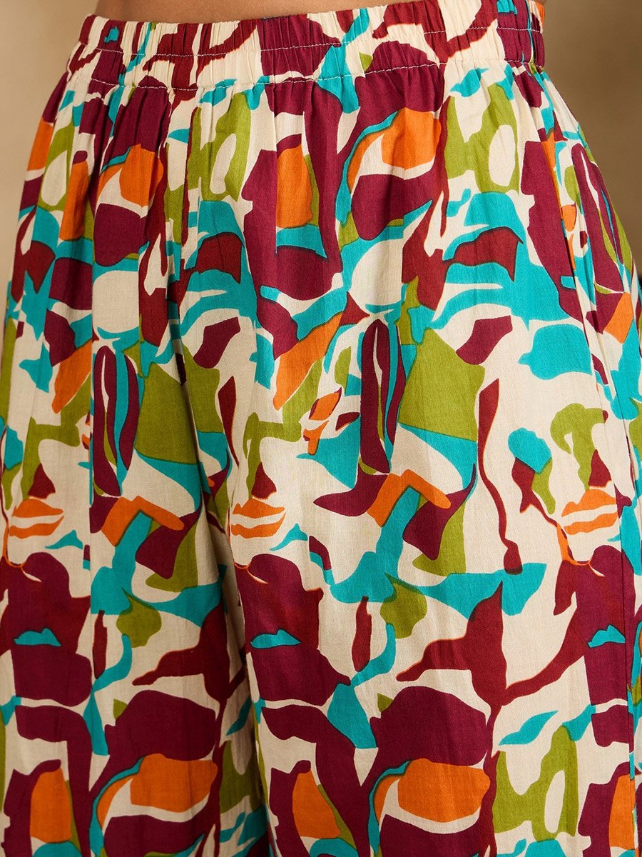 Woman Abstract Print Ruched Kurta with Dupatta Set