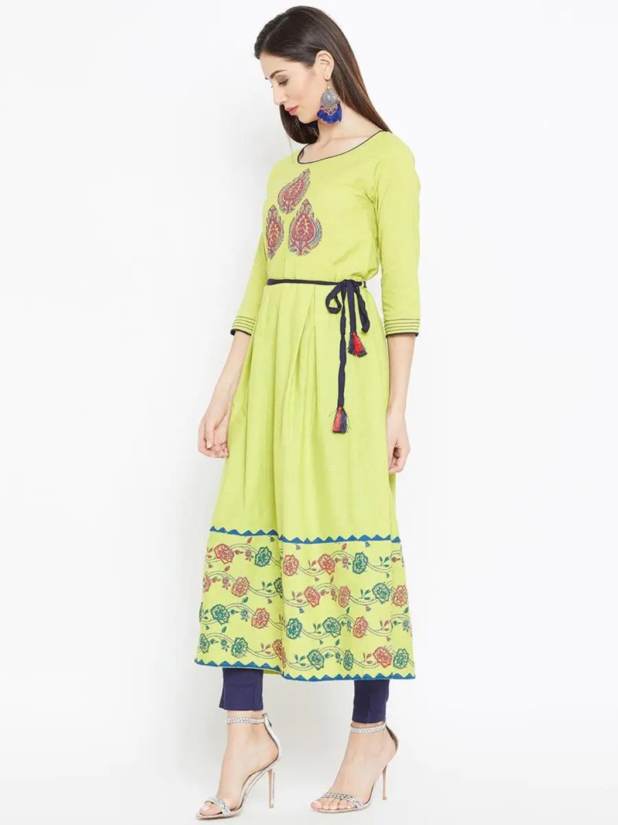 Women Green Printed Cotton A-Line Kurta