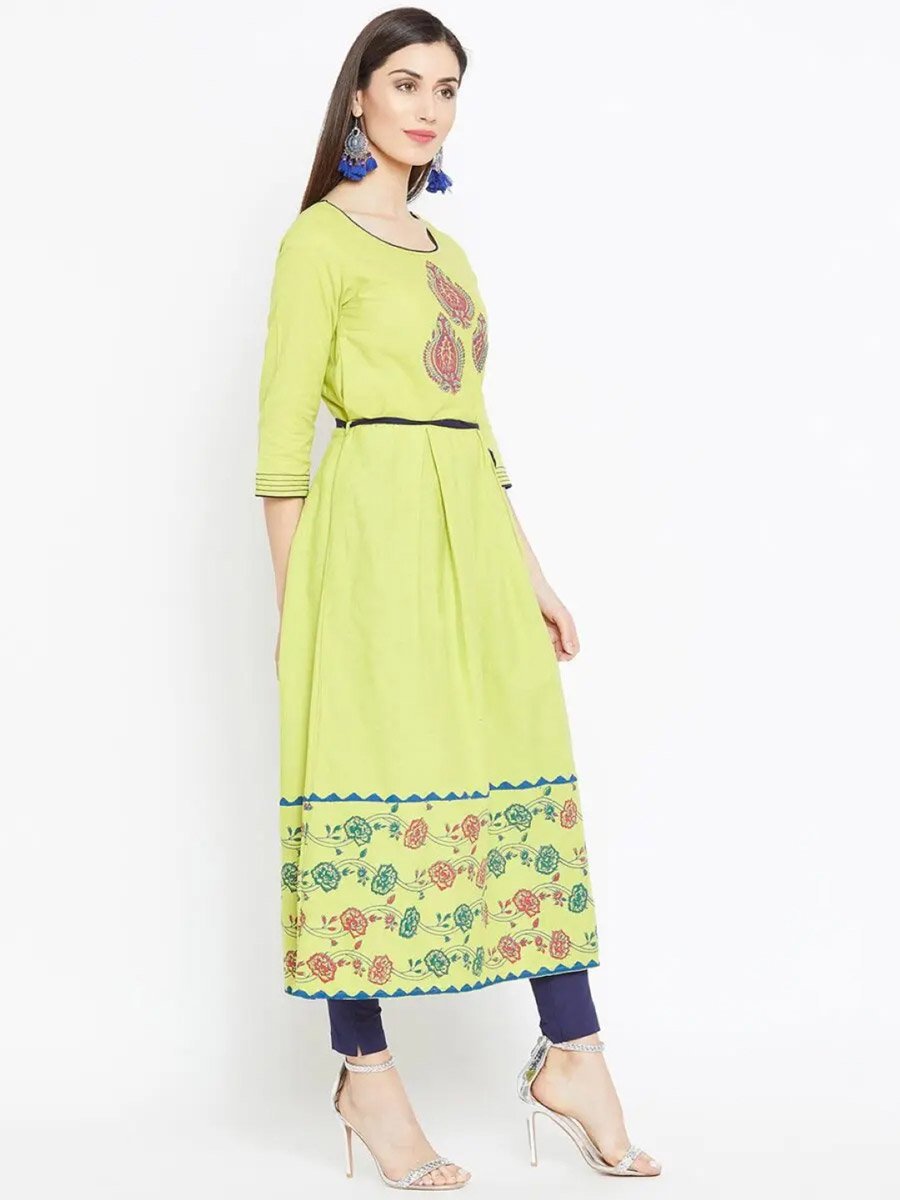 Women Green Printed Cotton A-Line Kurta
