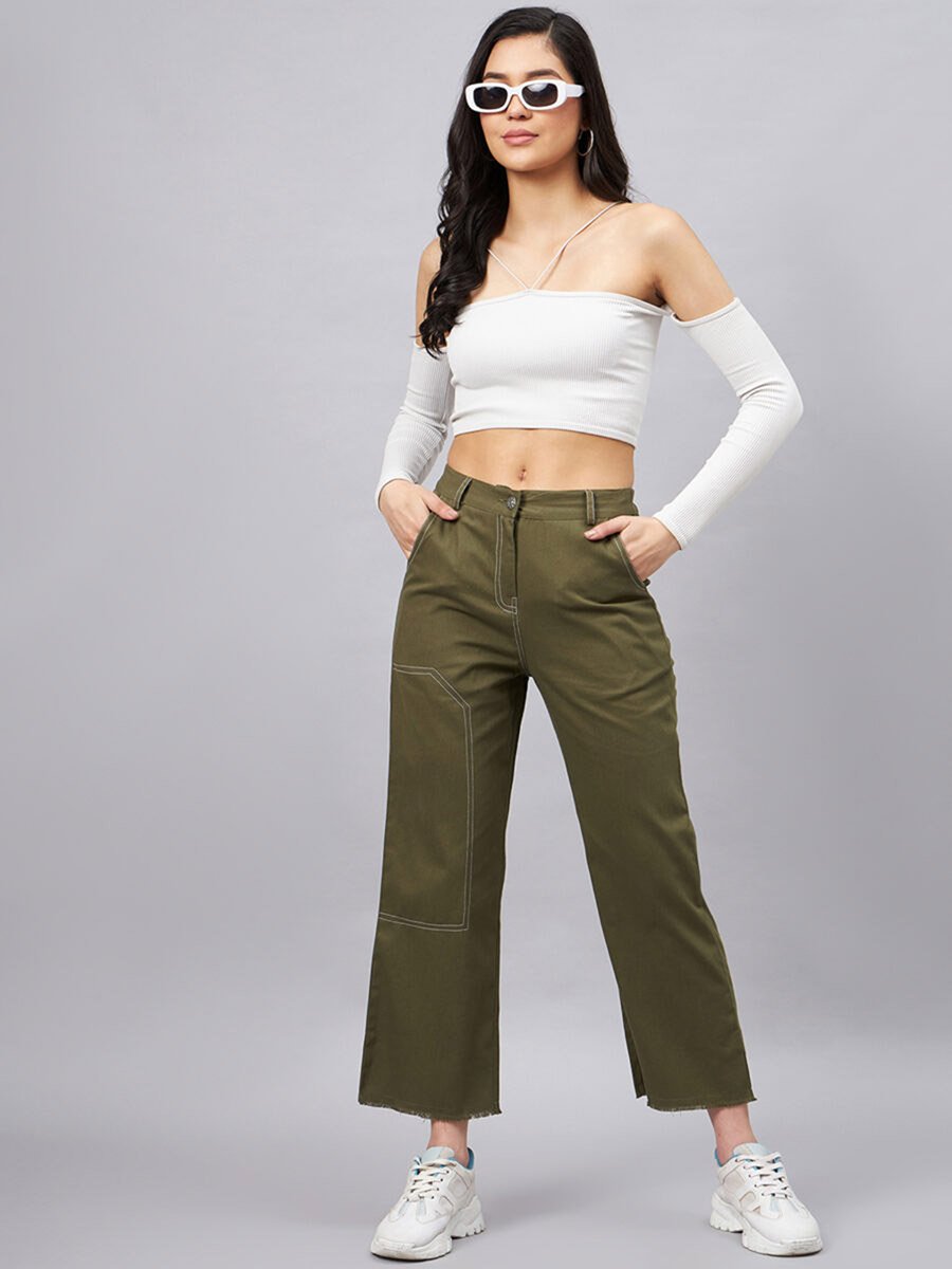 Olive Green High Rise Straight Trousers