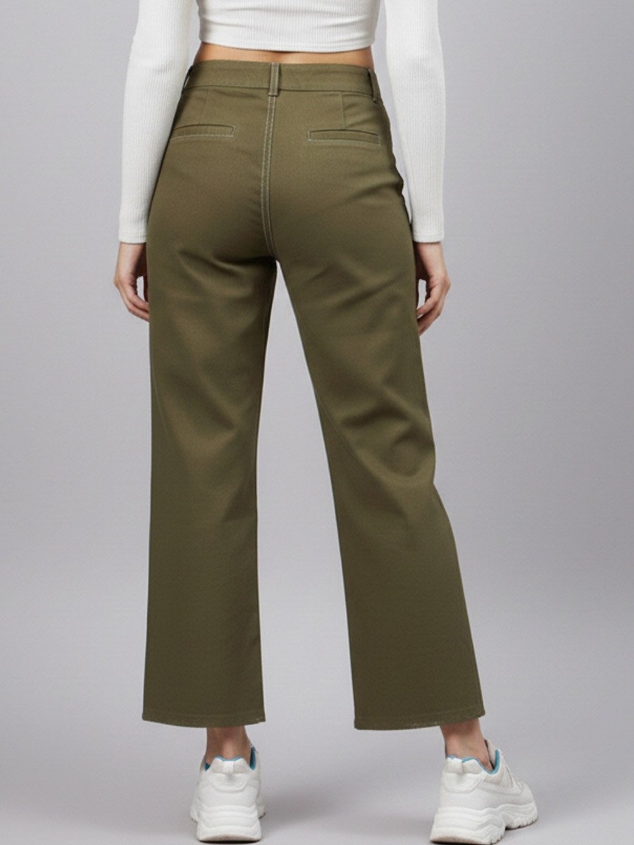 Olive Green High Rise Straight Trousers
