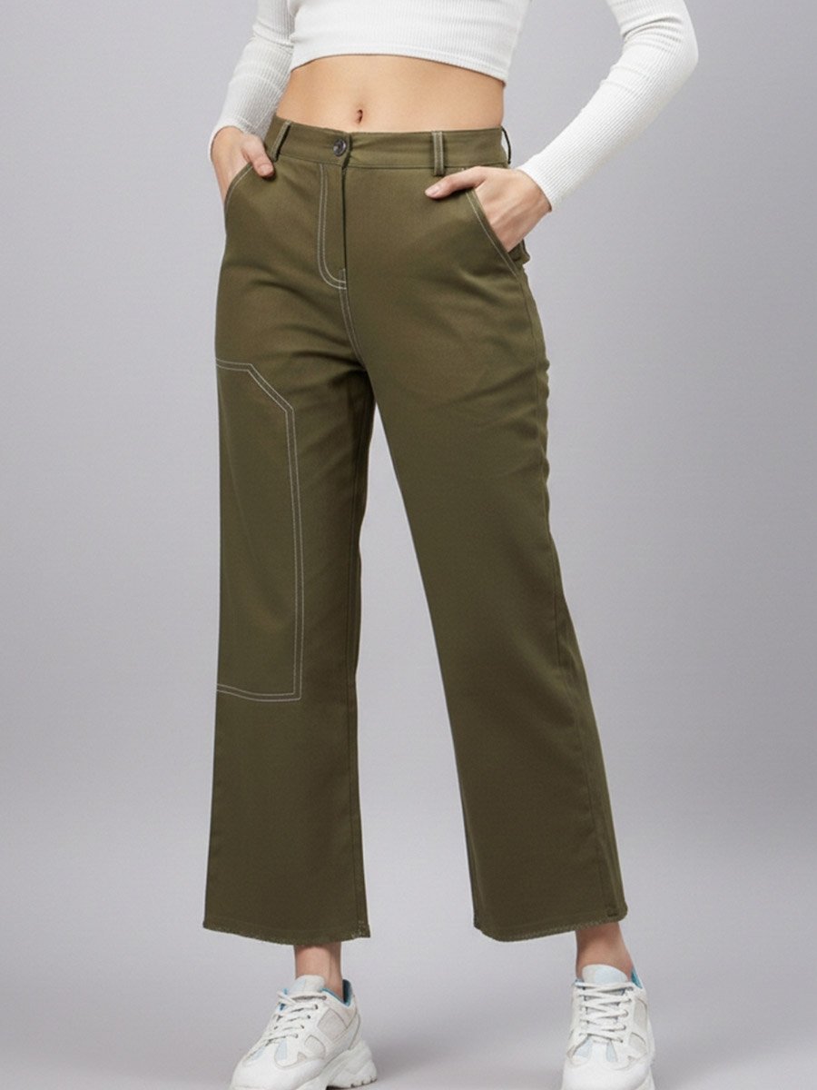 Olive Green High Rise Straight Trousers