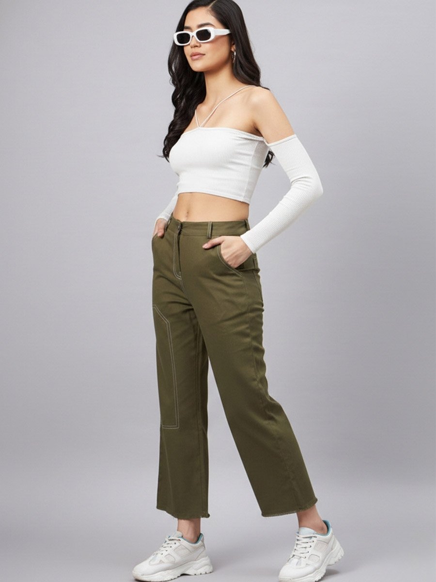 Olive Green High Rise Straight Trousers